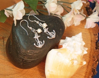 3-D Anchor Birthstone Earrings / Sterling Silver Anchor / Freshwater Pearls or Gemstone Accent / Bridesmaid Gift / Beach Wedding