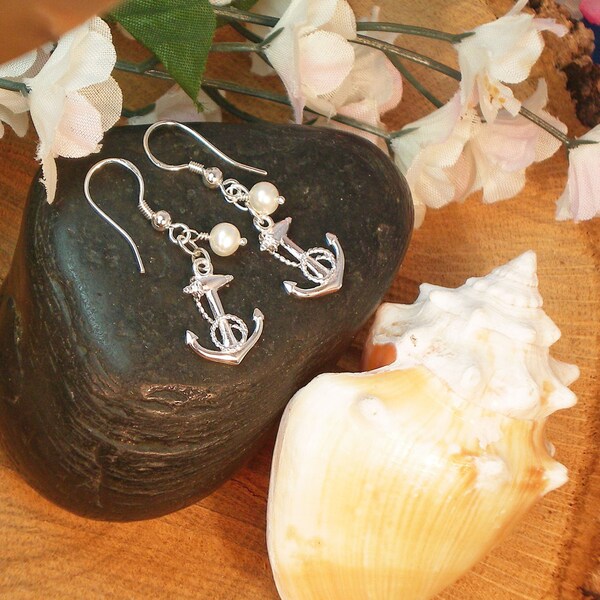 3-D Anchor Birthstone Earrings / Sterling Silver Anchor / Freshwater Pearls or Gemstone Accent / Bridesmaid Gift / Beach Wedding