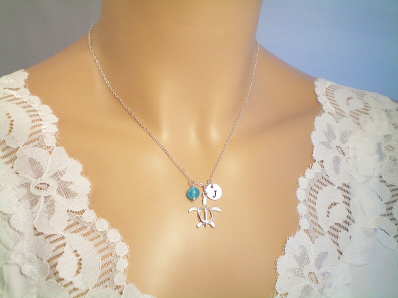 Sea Turtle Sterling Silver Necklace Gem or Pearl Choice Personalize Birthstone Gems Beach Wedding Ocean Charm Necklace