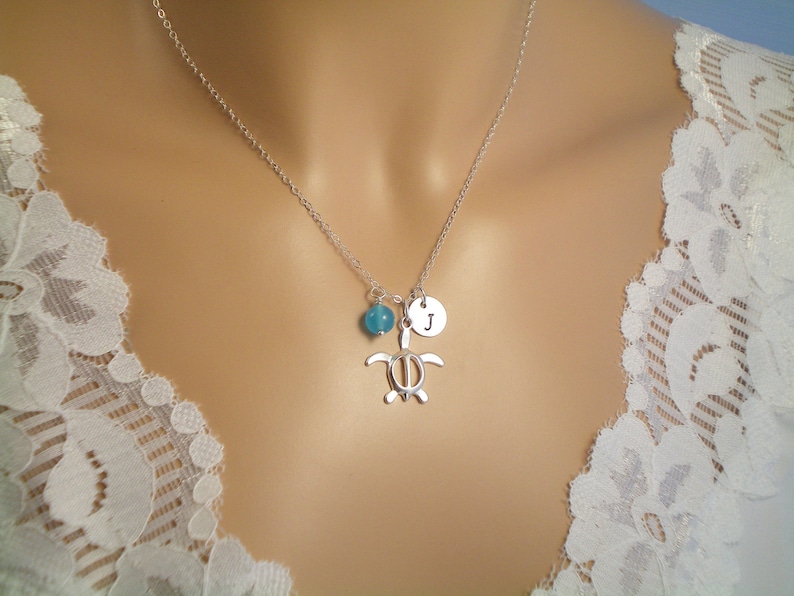 Sea Turtle Sterling Silver Necklace Gem or Pearl Choice Personalize Birthstone Gems Beach Wedding Ocean Charm Necklace