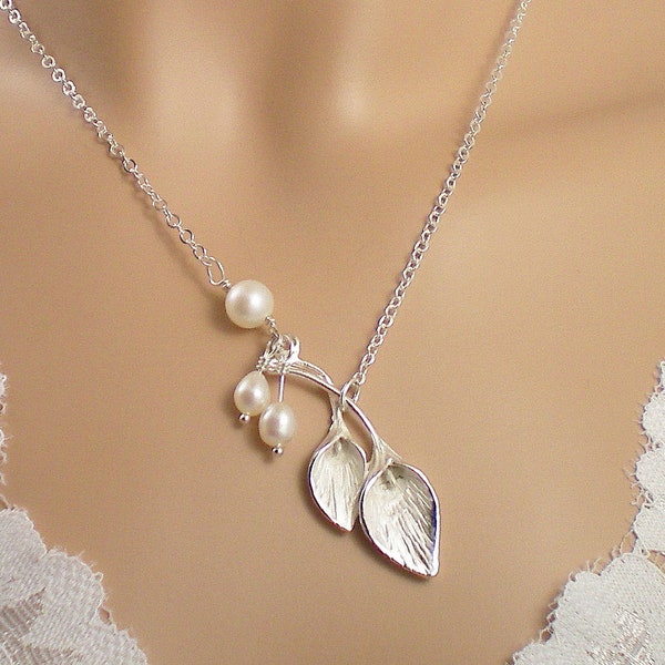 Freshwater Pearls and Calla Lilies Necklace / Earrings / Set / Sterling Silver Chain and Findings