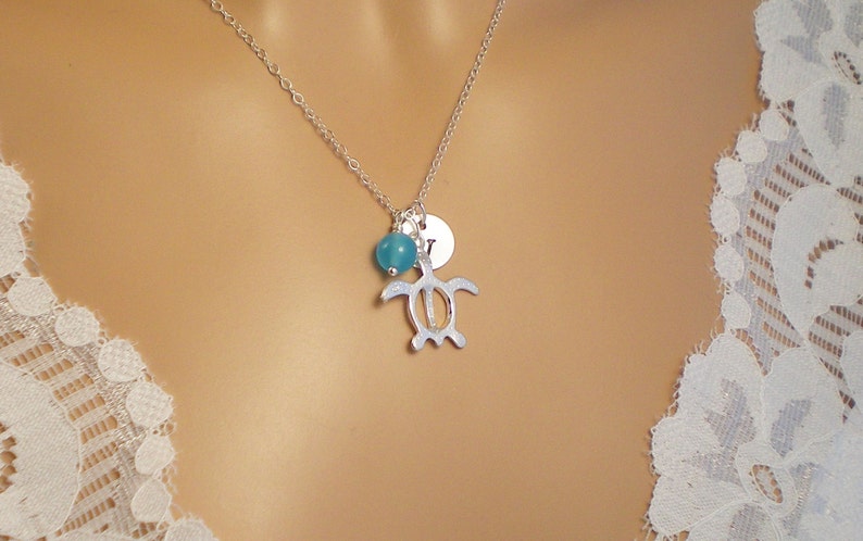 Sea Turtle Sterling Silver Necklace Gem or Pearl Choice Personalize Birthstone Gems Beach Wedding Ocean Charm Necklace