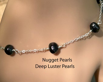 Raw Nugget Black Natural Freshwater Pearl Bracelet / Raw Irregular 6 mm or 1/4 inch Pearls / Sterling Silver or Gold Filled / Unisex