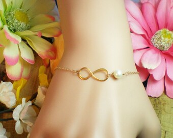 Gold Infinity Birthstone or Pearl Bracelet, Gold Filled, Birthstone Gems Bracelet
