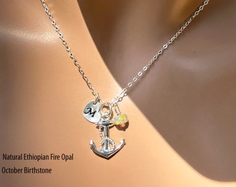 Sterling Silver Anchor, Personalized Anchor Birthstone Necklace,  Bridesmaid Gift, Beach Wedding