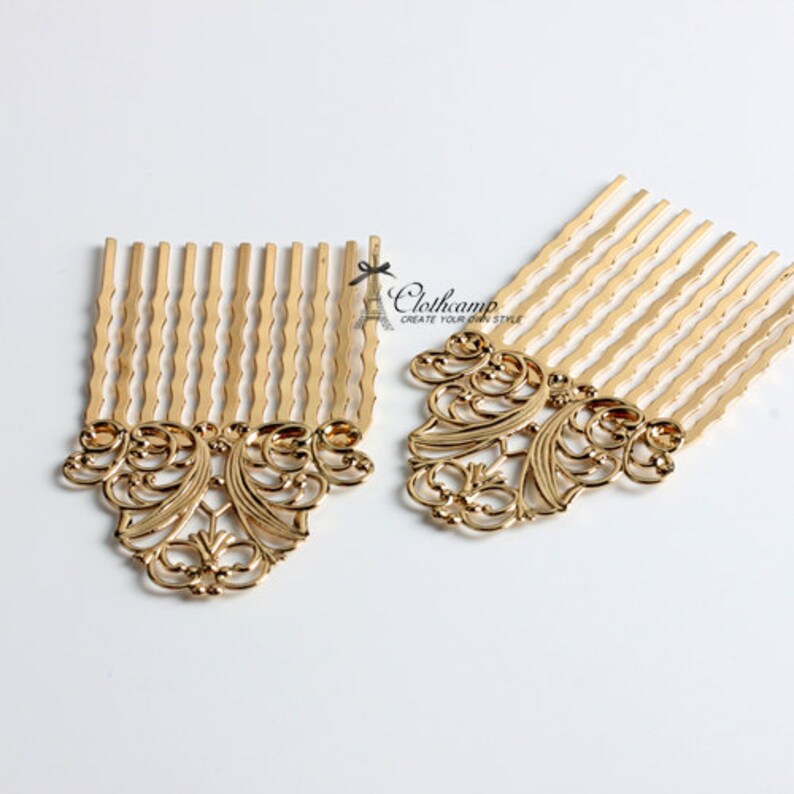 5Pcs Wholesale Gold plated Brass Filigree hair comb Setting NICKEL FREECOMBSS-22 image 2