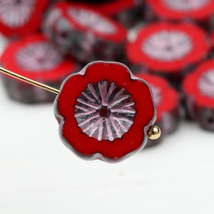 Bohemian Czech Glass Beads Red Opaque Travertine Finish Hawaii Flowers Glass Beads Jewelry Making Glass Beads 14mm 4PCS (CGB-103)