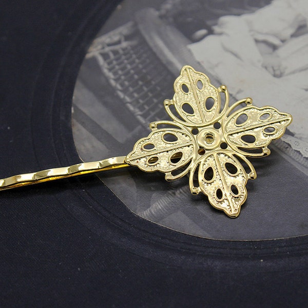 Last-14Pcs Wholesale Raw Brass  Gold Plated Filigree Hair  pins Clip Setting NICKEL FREE( PINSS-G-12)