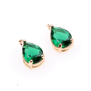 10pcs Green CZ pave Gold Teardrop Charms Real Gold Plated Brass Drop Pendants Tiny Mini Zircon Pendant Charm 7x11mm (CZM-A-3)