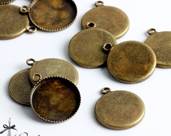 10Pcs 14mm Antique Bronze Plated plated Raw Brass Round Cameo Base Setting Charm / Pendant with One Loop  (SETHY-250)