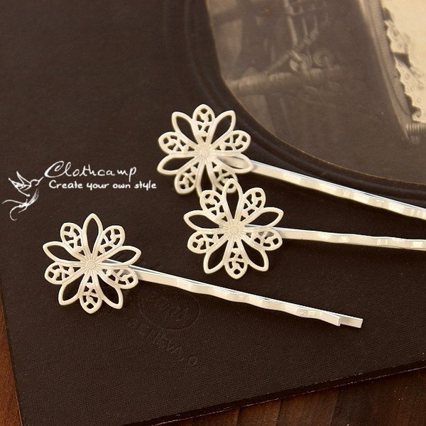 8Pcs Wholesale White plated Brass  Filigree bobby Hair  pins Clip Setting NICKEL FREE( PINSW-2)