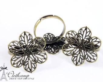 10PCS Adjustable Antique Bronze plated brass Rings jewelry ring blank setting With 6-petal flower  Pad (Nickel Free)-(RINGSS-9)