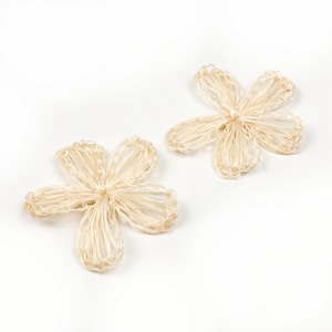 Puede incluir: Dos formas de flores tejidas de color beige sobre un fondo blanco.