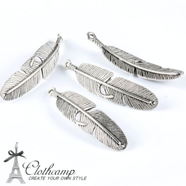 8pcs Two holes 56x14mm Antiqued Silver Feather  Charm / Pendant-(HAB-249)