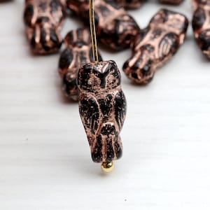 Czech Owl Beads Small Owl Bead with Vertical Hole Black Golden Horned Owl Beads 15x7mm 10pcs (CGB-106)