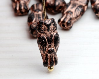 Czech Owl Beads Small Owl Bead with Vertical Hole Black Golden Horned Owl Beads 15x7mm 10pcs (CGB-106)