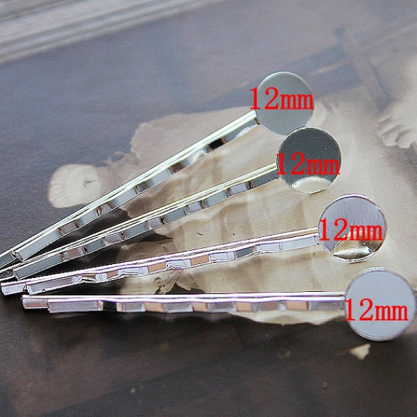 50Pcs 6mm.8mm.10mm.12mm Pad Silver plated Brass Filigree Hair pins Clip Setting- high quality-NICKEL FREE( PINSS-400)