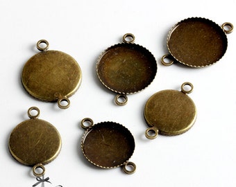 10Pcs 12mm 14mm  Antique Bronze Plated  Raw Brass Round Cameo Base Setting Charm / Pendant with Two loop (SETHY-246.247)