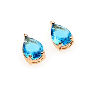 10pcs Blue CZ pave Gold Teardrop Charms Real Gold Plated Brass Drop Pendants Tiny Mini Zircon Pendant Teardrop Birthstone 7x11mm (CZM-A-5)