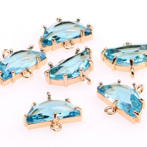 Blue Clear Glass Pendant Charm Gold Plated Brass Earring With Loop Charms Connector Pendants  Faceted Glass Bezel Gemstone  (CZM-C-5)