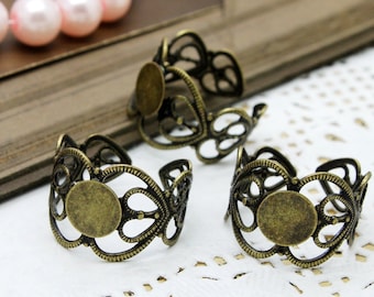 10PCS   Adjustable Antiqued Vintage Bronze   plated brass  Filigree Rings jewelry ring blank setting With 8mm Pad (Nickel Free)-(RING-101)