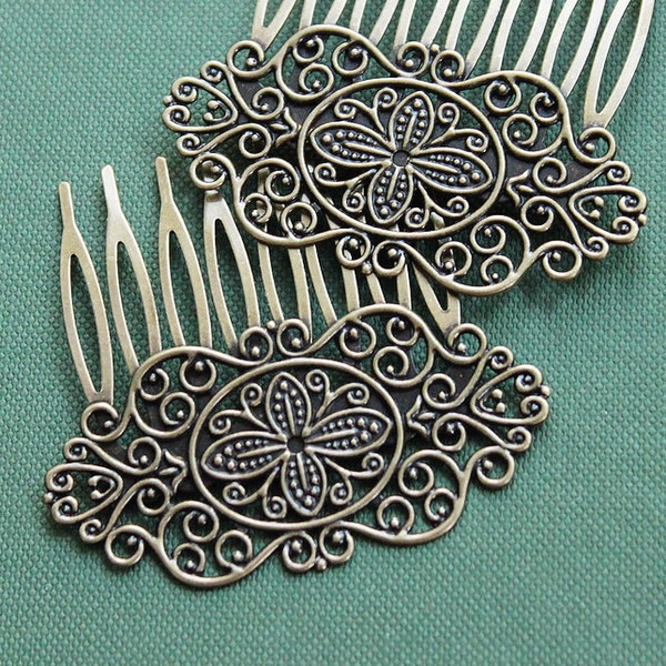 2Pcs Wholesale High Quality Antique bronze plated Filigree hair comb Setting Nickel Free Lead Free (COMBSS-16)