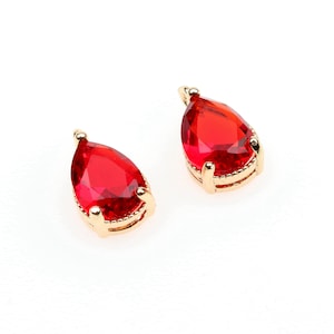 10pcs Red CZ pave Gold Teardrop Charms Real Gold Plated Brass Drop Pendants Tiny Mini Zircon Pendant Teardrop Birthstone 7x11mm (CZM-A-4)