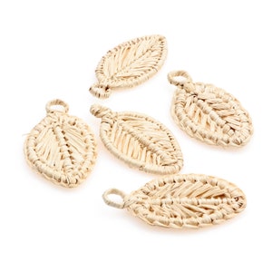 Natural Handwoven Raffia Tassels Earring Hoops,Leaf shaped Rattan Pendant,Bamboo Wooden Charms,Woven Boho Jewelry Finding-65X38mm-HR-1164