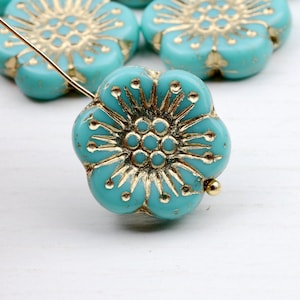 Cuentas de vidrio checo color turquesa de 18 mm, cuentas de vidrio prensado con forma de flor, opacas, 4 piezas (CGB-C-20)