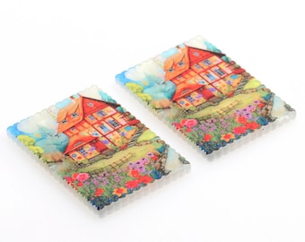 Flowers Acrylic Beads,Acrylic Earring Charms,Rectangle Shaped Pendant,Acrylic Earring Parts,Earrings Blanks ,36mmx24.5mm,ACL-358