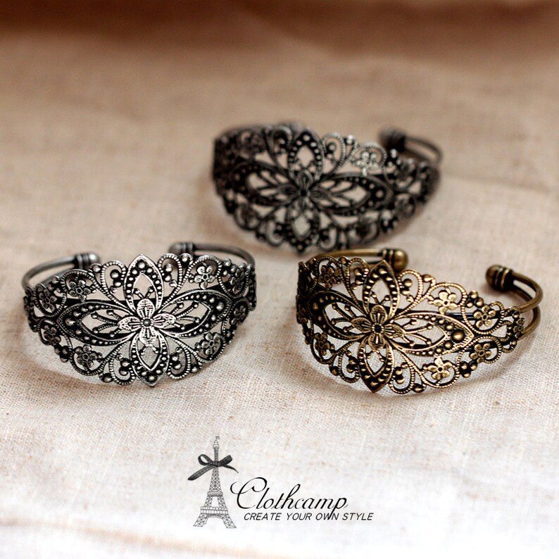 1 Pcs Adjustable Antique Bronze /Antiqued Silver Filigree Cuff Bracelet Setting NICKEL FREECBS-1 image 2