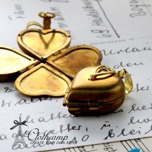 2 pcs  Victorian Raw Brass Folding Heart Locket Charms Pendants/open into a clover / holding 4 photos(LOCK-75)