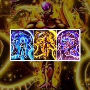 May include: A rectangular print featuring three vertical panels of anime characters. The left panel shows a blue-haired warrior with a dragon, the centre shows a golden character with a dragon, and the right shows a dark-haired warrior with a dragon.