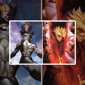 May include: A digital illustration featuring two action-packed scenes. One depicts a character with spiky blonde hair and a black jacket, standing atop a gray and black figure. The other shows a muscular character with blonde hair and a red energy effect.