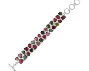 トルマリンブレスレット 925スターリングシルバー、ファンシーカボションジェムストーン、エレガントな8.5インチジュエリー