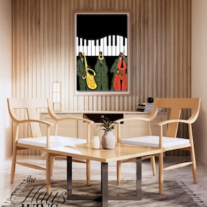 Stampa digitale Bold Jazz - Stampa di musica jazz con stampa per pianoforte - Poster di lusso per la casa con trio nero e decorazione murale