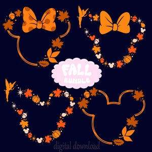 May include: A digital graphic set featuring four distinct orange outlines of mouse-ear shapes decorated with autumn leaves, pumpkins, acorns, and bows on a dark blue background. A central light pink scalloped label displays the text FALL BUNDLE.
