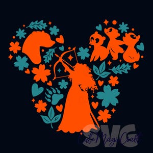May include: Orange and teal graphic design on a navy blue background. The design features a silhouette of a woman with a bow and arrow, surrounded by bear and bear cub silhouettes, flowers, leaves, and hearts. The word "SVG" is at the bottom.