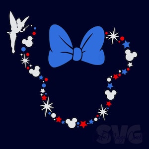May include: A navy blue graphic featuring a blue bow, a white fairy, and a Mickey Mouse head shape made of red, white, and blue stars and dots. The design is on a navy blue background.