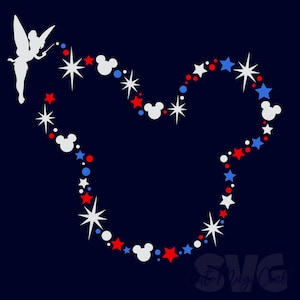 May include: A white silhouette of a fairy with a wand, creating a Mickey Mouse head shape with red, white, and blue stars and Mickey Mouse head icons on a navy blue background. The design is a patriotic theme.