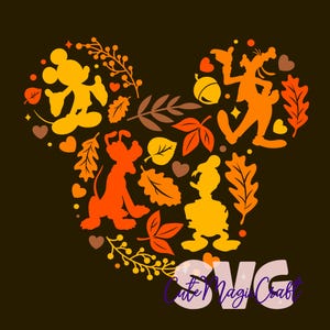 May include: A fall-themed graphic featuring Mickey Mouse, Goofy, Pluto, and Daisy Duck silhouettes within a Mickey Mouse head shape. The design incorporates autumn leaves, acorns, and hearts in shades of orange, yellow, and brown against a dark background. Text reads "Cute Magi Craft" and "SVG".