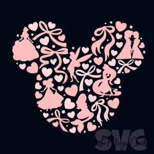 Può includere: Design a silhouette rosa a forma di testa di topo, riempito di cuori, fiocchi e figure di principesse su sfondo nero. Il design include varie silhouette di principesse e figure di fate.