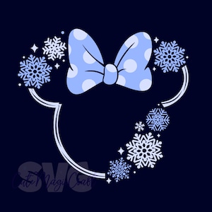 May include: A blue and white graphic design on a navy blue background. The design features a light blue bow with white polka dots, surrounded by white and light blue snowflakes and stars, forming a Mickey Mouse head shape.