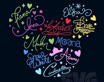 Princess Signatures SVG for DIY Crafts! | Mickey Mouse Head Svg | famous character autograph Svg | DIGITAL_DOWNLOAD | Graphic for T-Shirts!