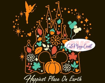 May include: A brown graphic with an orange castle silhouette incorporating Mickey Mouse ears, a pumpkin, and autumn leaves. A fairy and stars surround the castle. The text "Happiest Place On Earth" is at the bottom.