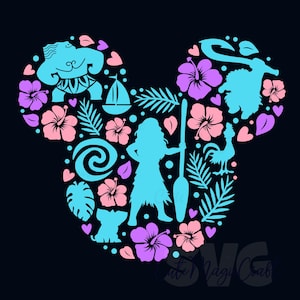 Op de afbeelding: Een blauwe, roze en paarse afbeelding in de vorm van Mickey Mouse-oren, met personages en elementen uit een populaire animatiefilm. Het ontwerp bevat silhouetten van personages, bloemen en tropisch gebladerte op een zwarte achtergrond.