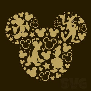 Könnte beinhalten: Goldfarbene Grafik von Mickey Mouse und seinen Freunden, darunter Goofy, Pluto und Donald Duck, angeordnet in Form von Mickeys Kopf. Das Design enthält Sterne und Mickey Mouse Silhouetten auf einem dunkelbraunen Hintergrund.