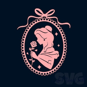 Puede incluir: Silueta rosa de una mujer sosteniendo una rosa, enmarcada dentro de un borde ovalado con un lazo en la parte superior. El diseño incluye estrellas y un borde decorativo con cuentas, sobre un fondo azul oscuro.