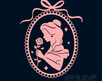 May include: Pink silhouette of a woman holding a rose, framed within an oval border with a bow at the top. The design includes stars and a decorative beaded edge, set against a dark blue background.