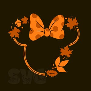 Puede incluir: Diseño de corona en forma de Minnie Mouse naranja con lazo de lunares, hojas de arce y una bellota sobre fondo marrón oscuro. Perfecto para manualidades y decoraciones con temática otoñal.